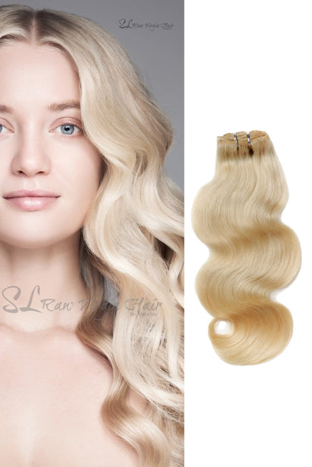 SL Raw Girl wearing Blonde hair wavy extensions in length 20 inch 