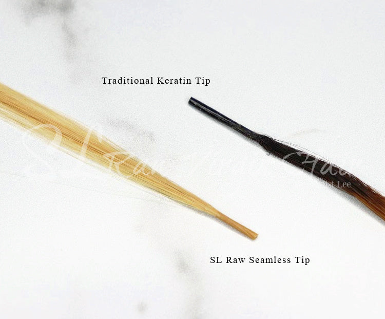 side by side of a traditional keratin i-tip extensions and SL Raw Seamless I-tip. The New innovative way to install your Keratin I-tip hair extensions
