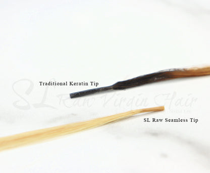 side by side of a traditional keratin i-tip extensions and SL Raw Seamless I-tip. The New innovative way to install your Keratin I-tip hair extensions 