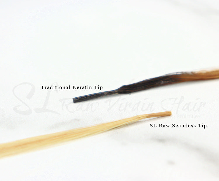 side by side of a traditional keratin i-tip extensions and SL Raw Seamless I-tip. The New innovative way to install your Keratin I-tip hair extensions