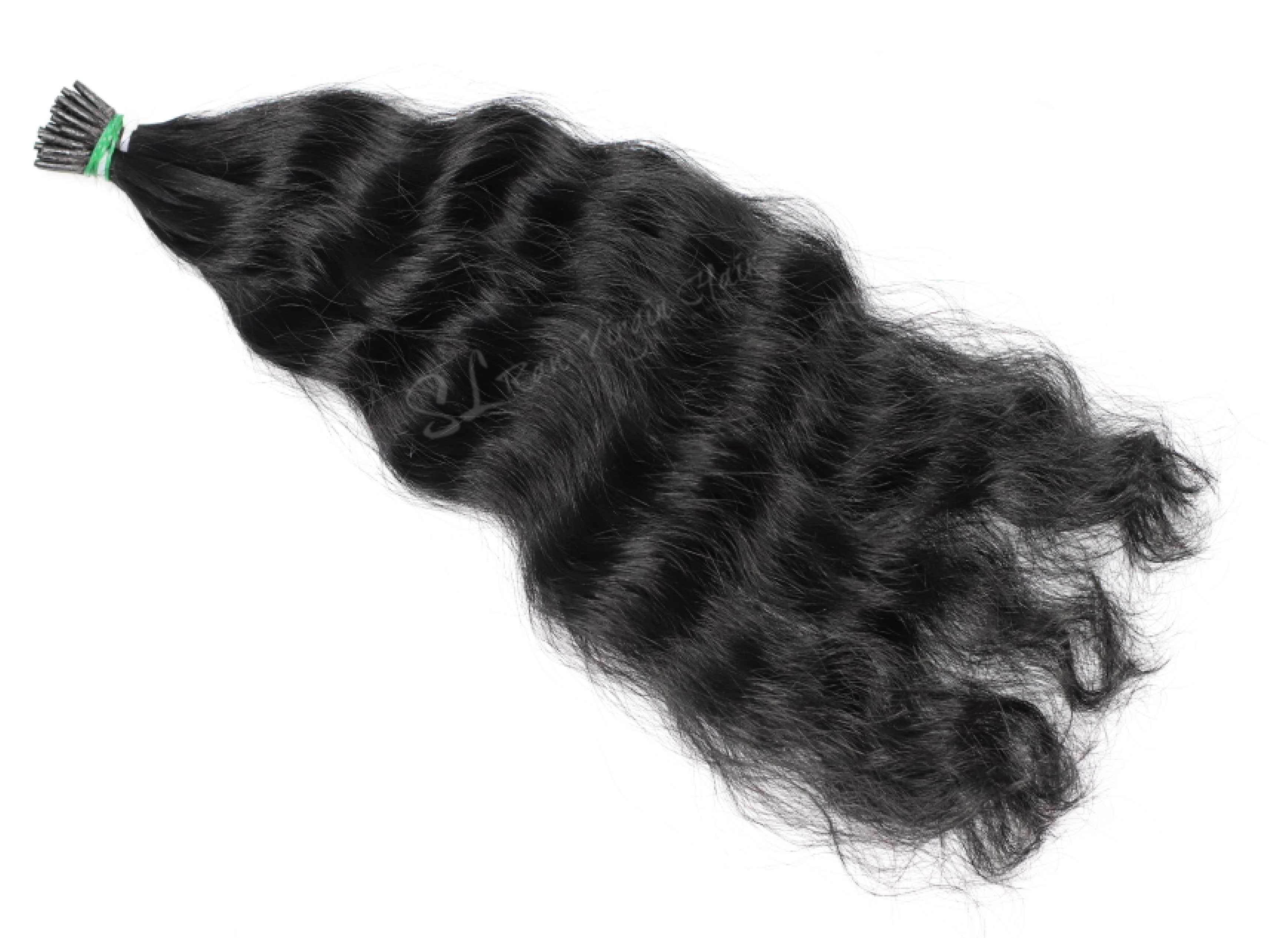 Image of Raw Indian Curly I-tip hair extensions for fusions and micro-link hair applications. Hair color #1B. Sold as 150 strands per pack. 