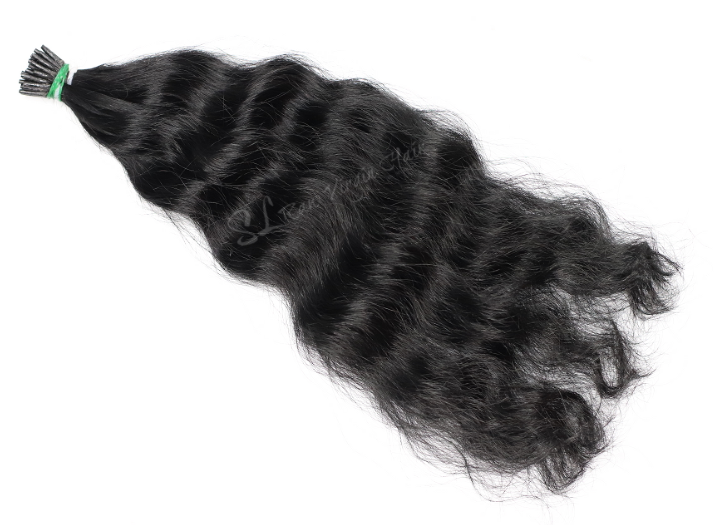 Raw  Indian Curly I-tip hair extensions for fusions and micro-link hair applications. Hair color #1B. Sold as 150 strands per pack. 