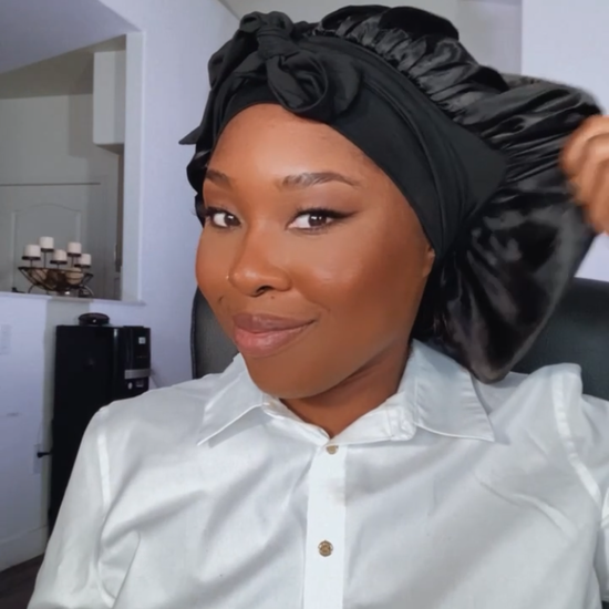 How to video on how to apply on SL Raw No-Slip Satin Hair Bonnet. Sturdy all night wear. Easy night time routine for women