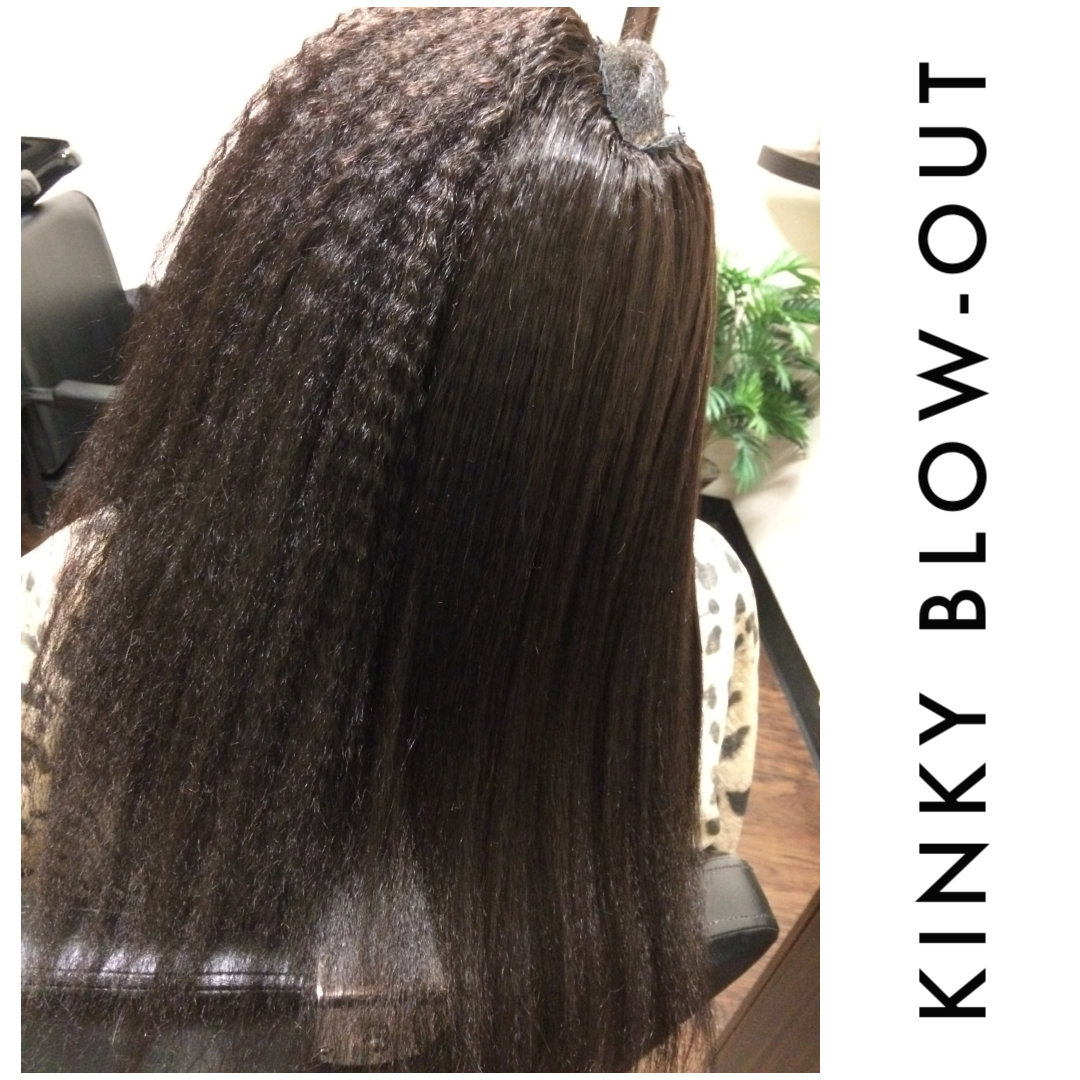 See kinky hair blowout before and after. Hiar is straightened with flat iron on the right. Hair mimic relaxed texture and natural hair girls blown out