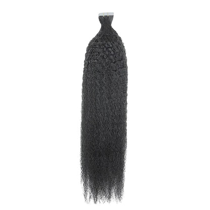 Kinky Straight Tape in Hair extensions sold in 40pcs. Color:  aural black #1B. Texture for African American Women.  Atrial looking texture for 4type hair.