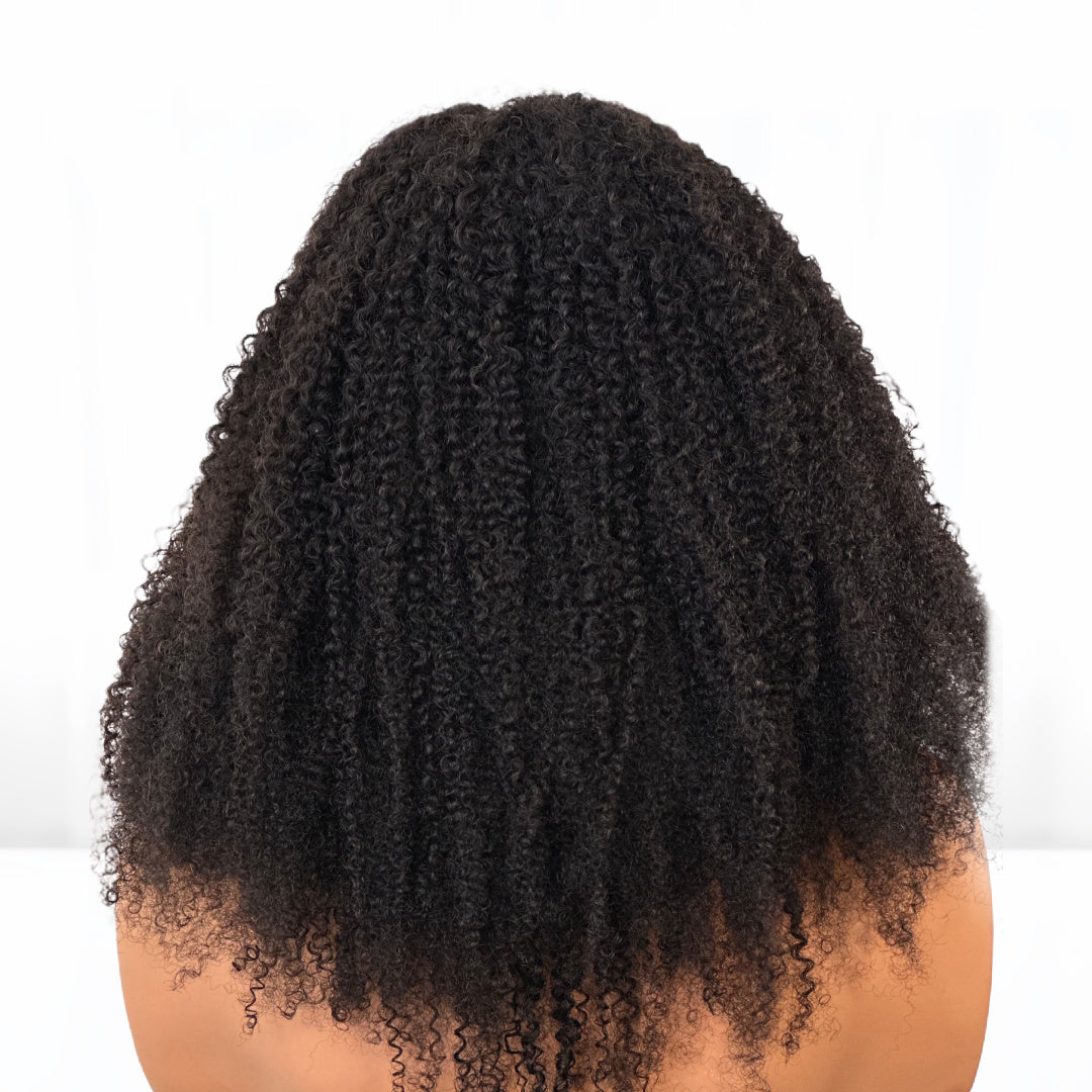 Back view of Natural looking 4B Kinky Curly hair U-part clip in wig. Perfect for self installation. Hair color #1B. hair length 20-inches. sold by sl raw virgin hair
