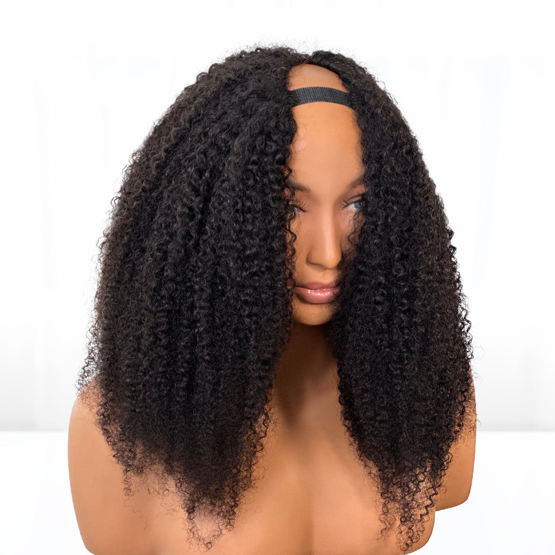 Natural looking 4B Kinky Curly hair U-part clip in wig. Perfect for self installation. Hair color #1B. hair length 20-inches. sold by sl raw virgin hair