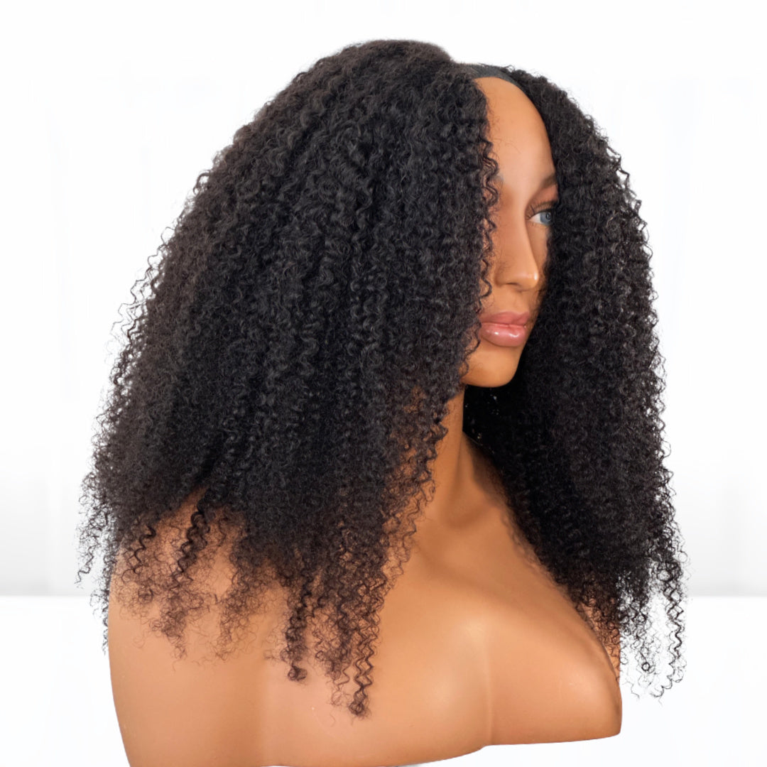 Natural looking 4B Kinky Curly hair U-part clip in wig. Perfect for self installation. Hair color #1B. hair length 20-inches. sold by sl raw virgin hair