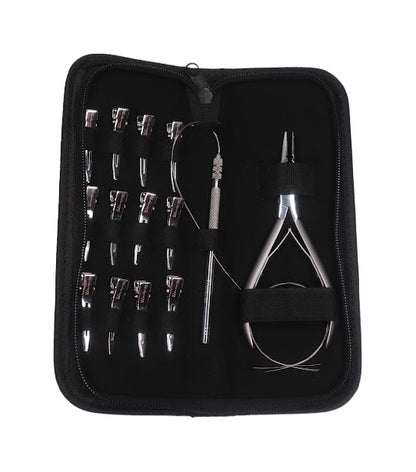 Hair extensions tool kit storage case with pliers, pulling hook, and clips for micro links sold SL Raw Virgin Hair 