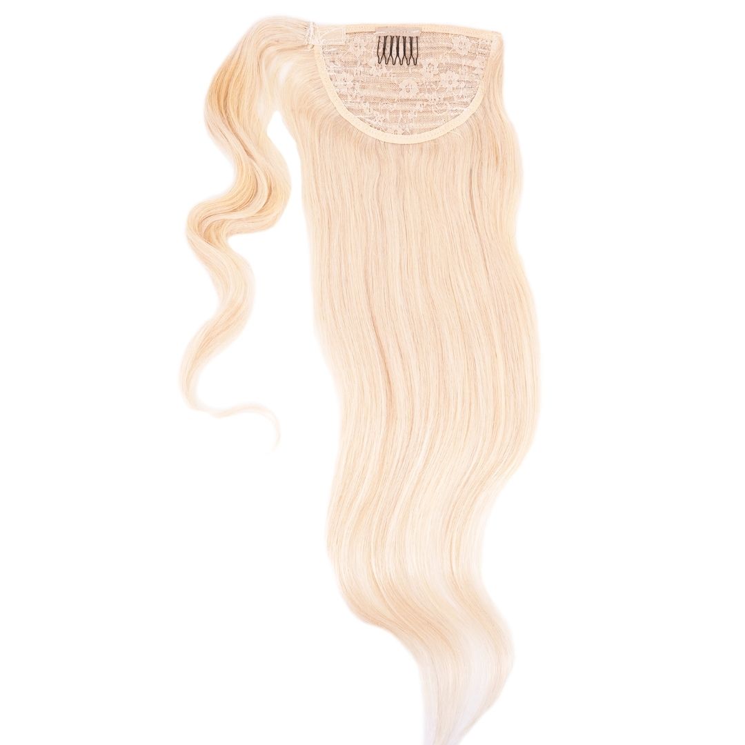 Pop-On Blonde Natural Straight Clip-in Ponytail. Wrap around easy to self apply ponytail