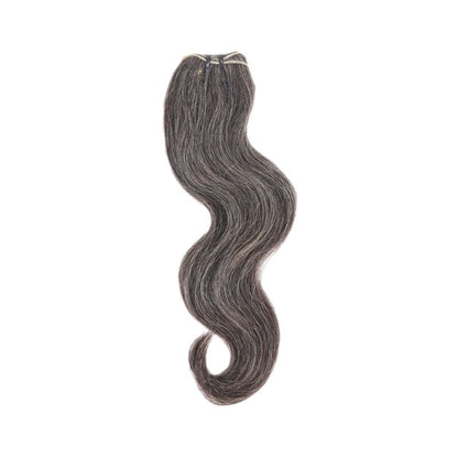 Displayed is SL Raw Virgin Hair Salt and Pepper gray hair vietnamese human hair bundles with a slight wave. beautiful hair wefts for a perfect sew in or pronto weave 