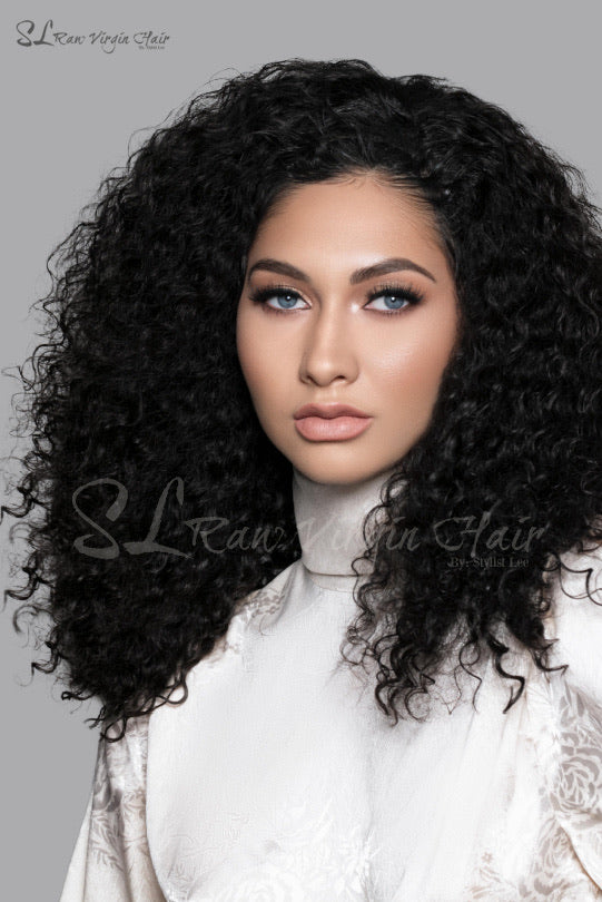 SL Raw Girl wearing 16" Burma Curly Natural Black Lace Closure wig with a 6x6 Lace closure. Free parting hair. Beautiful natural hairline. Lace closure Wig so easy to apply on for everyday wear.