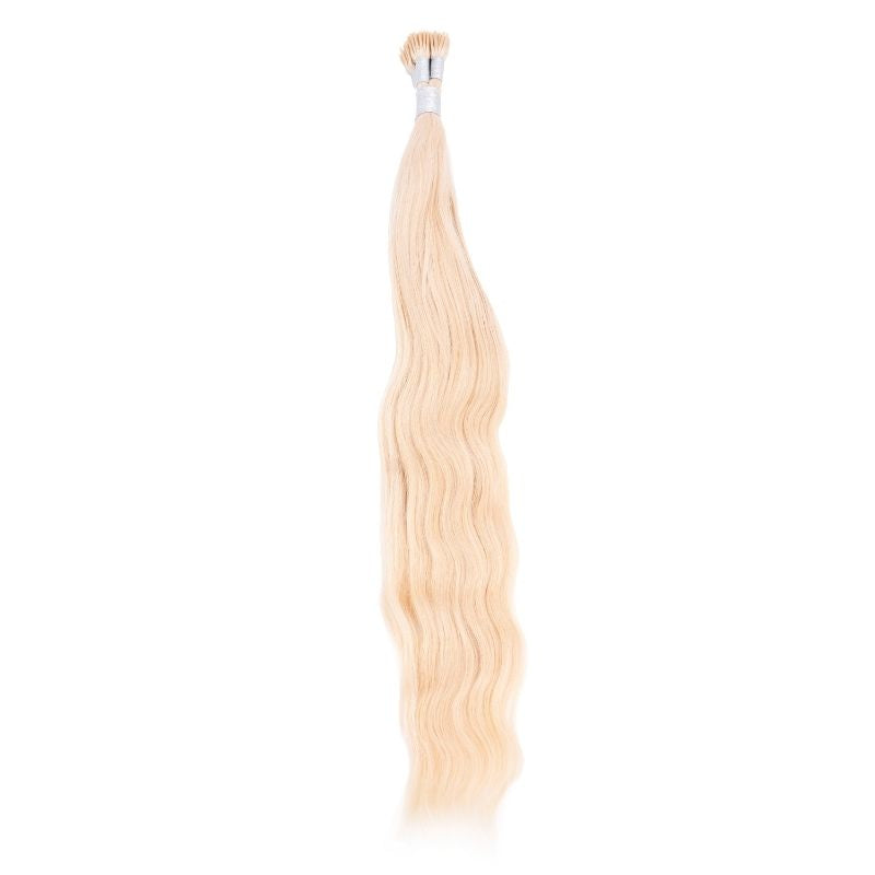 Blonde Indian Wavy I-tip hair extensions for fusions and micro-link hair applications. Hair color #613. Sold as 150 strands per pack. 