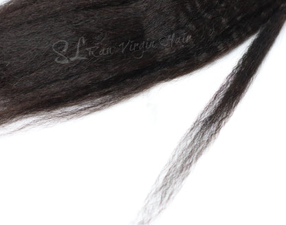 This is up close texture shot of SL Raw Kinky Straight I tip hair extensions. These tips can be used for micro links, Fusions, or Brazilian knotting. Hair texture matches great with 4A-4c hair types Blow dried. Available in 50 pcs