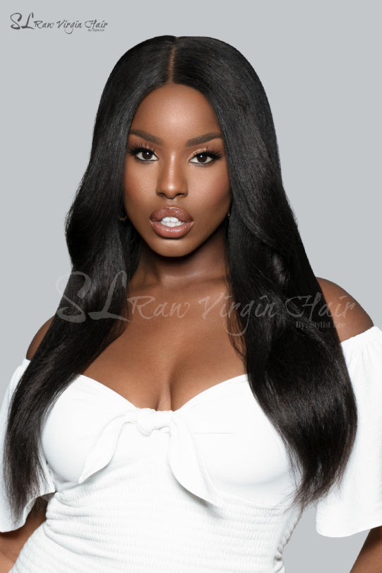 Beautiful Black woman - SL Raw Girl wearing Middle part 18" Kinky Straight Natural Black Lace Closure wig with a 7x7 Lace closure. Free parting hair. Beautiful natural hairline. Lace closure Wig so easy to apply on for everyday wear.