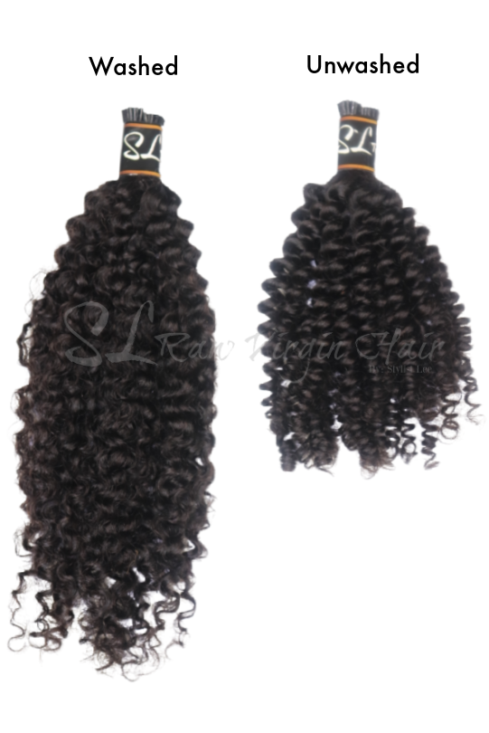 Side by side of SL Raw Kinky Curly Hiar I-tip extensions washed and unwashed . see before and after 