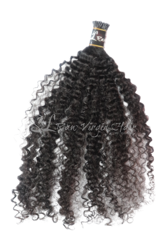 Essence Beauty Award Winning Curly I-tip hair Extensions . Displayed is SL RAW Keratin I-tip Kinky Curly i-tips 50 pcs in Natural Black #1b . har is used for fusions or micro link install