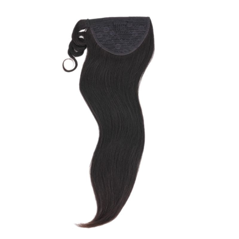 Displayed is Natural Black full human hair attachable ponytail clip in hair piece