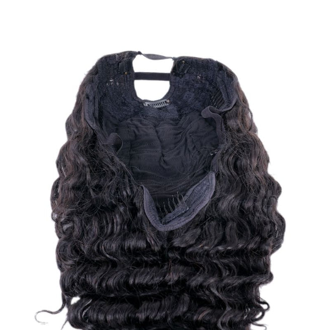 This U-part wig can be installed either by clipping it on or by sewing method.  Hair: Natural 1B Human Hair Style: Deep Wave Wig: U-Part Density: 130% Coloring: Can lift to #27 Length: 10″- 22″
