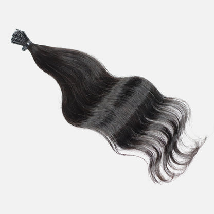Raw Indian Wavy I-tip hair extensions for fusions and micro-link hair applications. Hair color #1B. Sold as 150 strands per pack. 